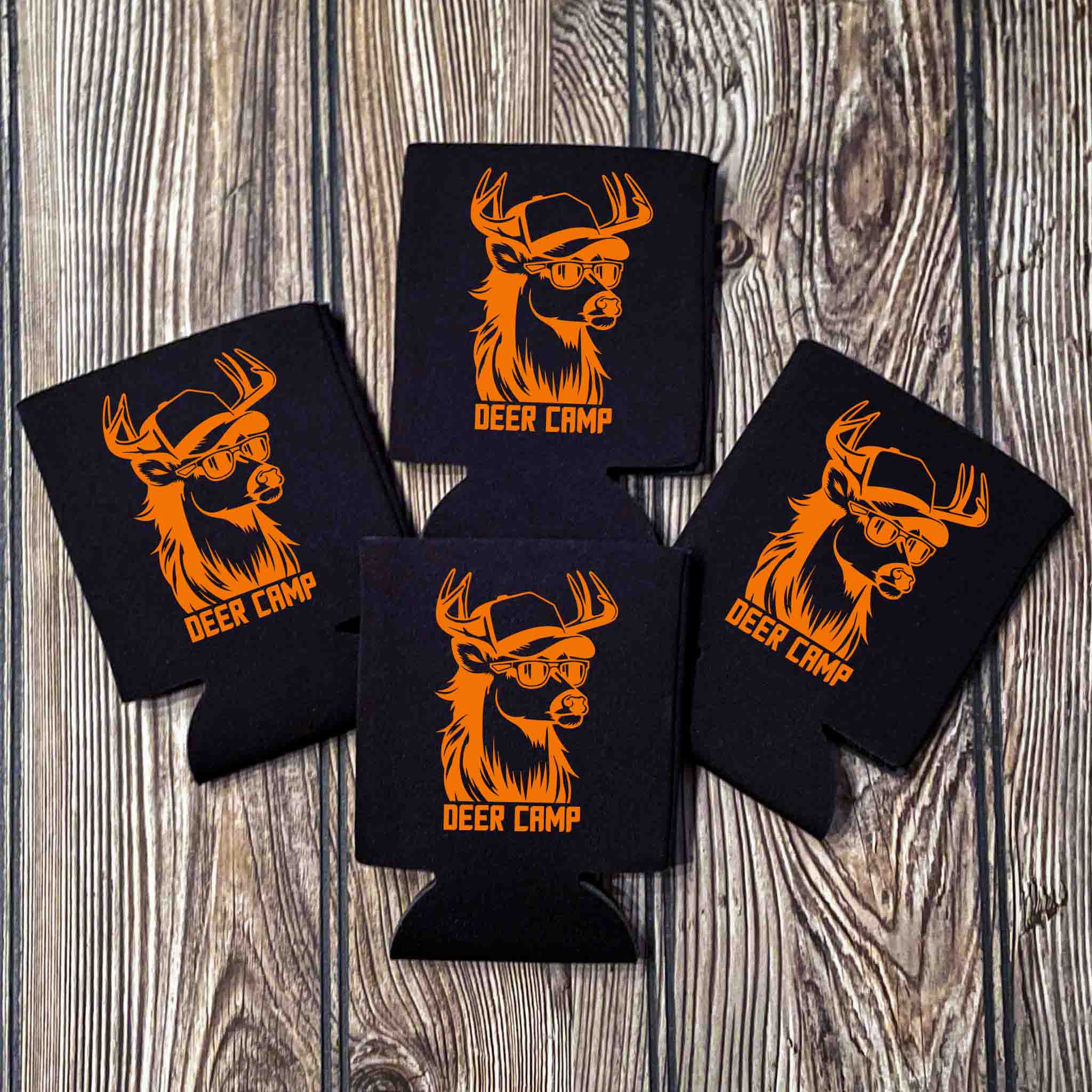 black and blaze orange deer camp koozie