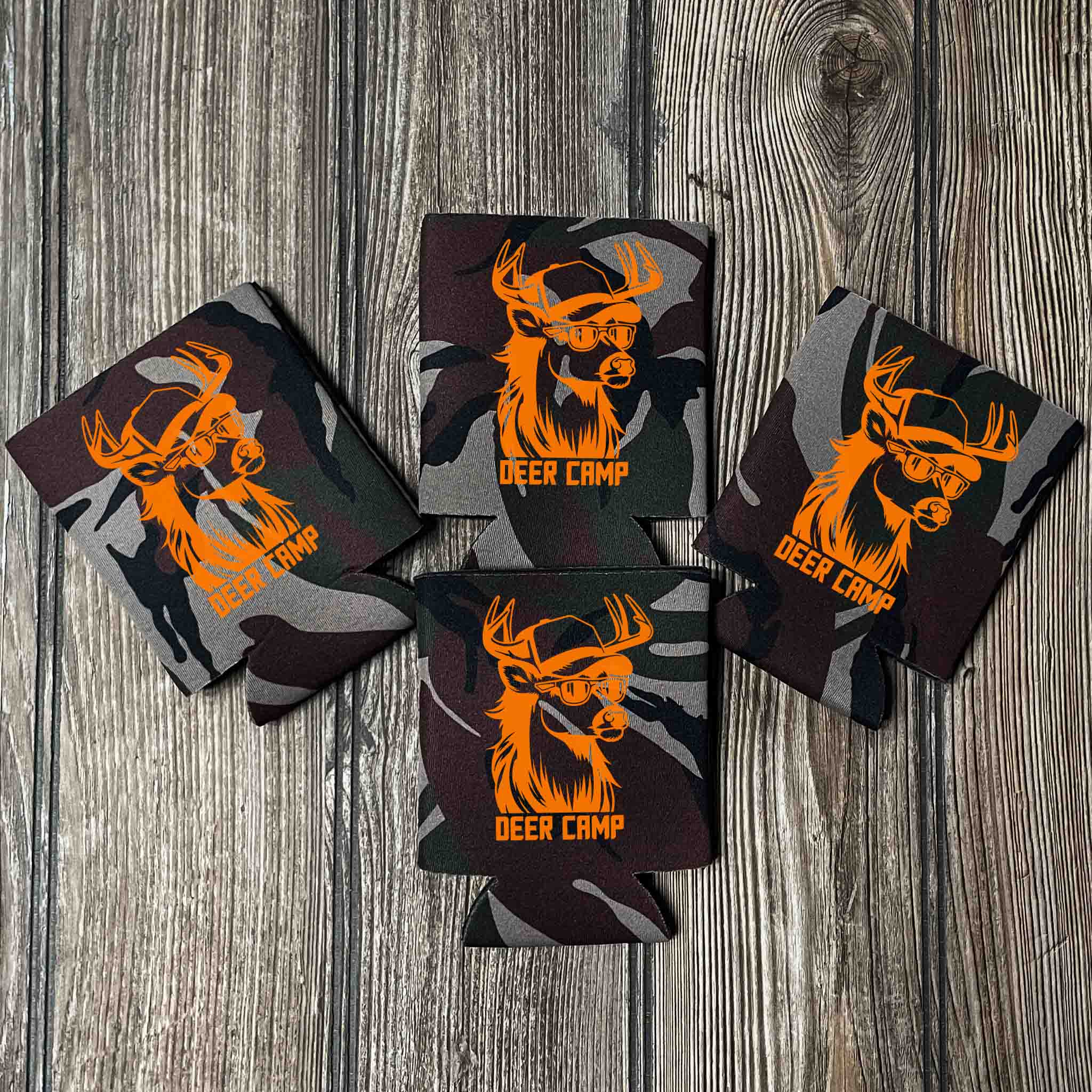 camo and blaze orange deer camp koozie