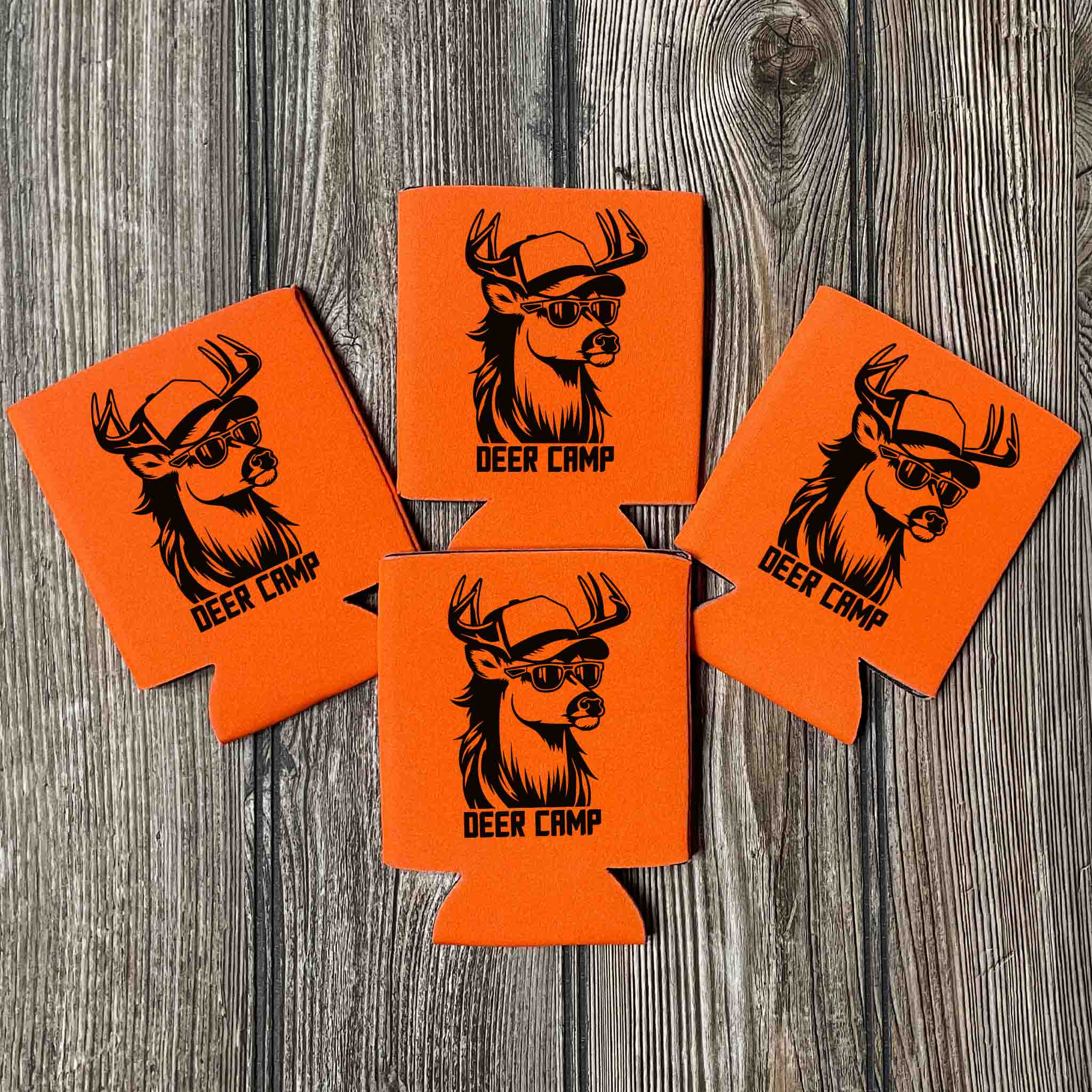 blaze orange deer camp koozie